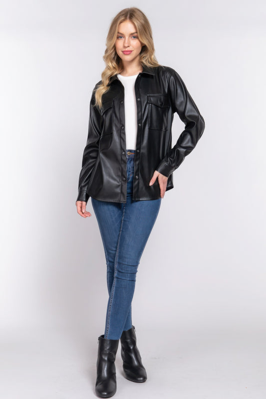 Long Slv Faux Leather Shacket JoySkyBoutique