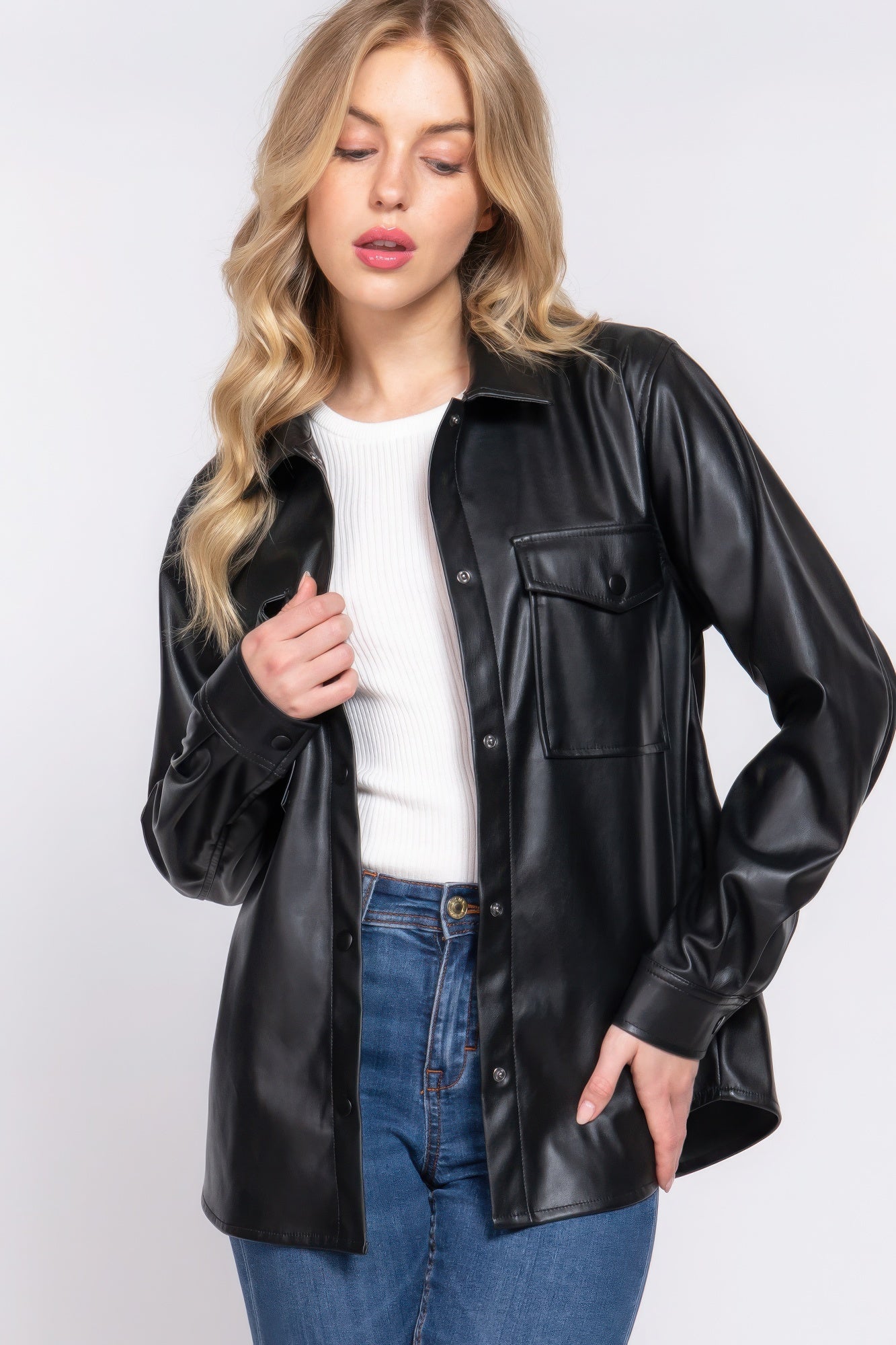 Long Slv Faux Leather Shacket JoySkyBoutique