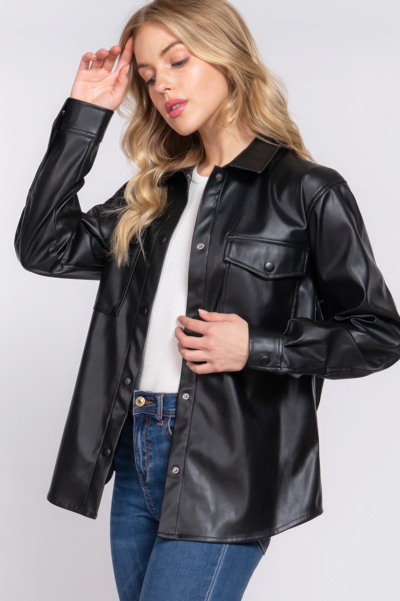 Long Slv Faux Leather Shacket JoySkyBoutique