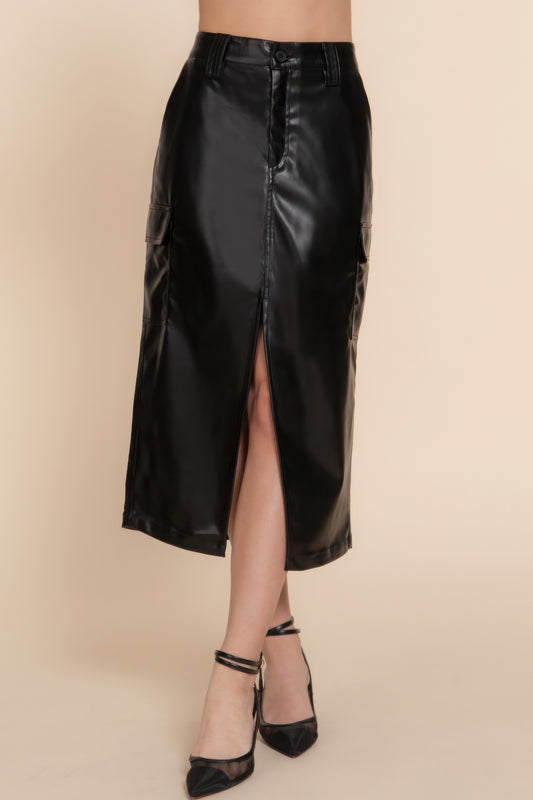 Faux Leather Midi Cargo Skirt JoySkyBoutique