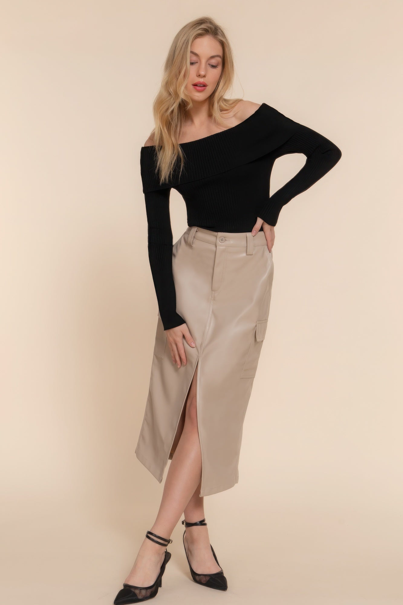 Faux Leather Midi Cargo Skirt JoySkyBoutique