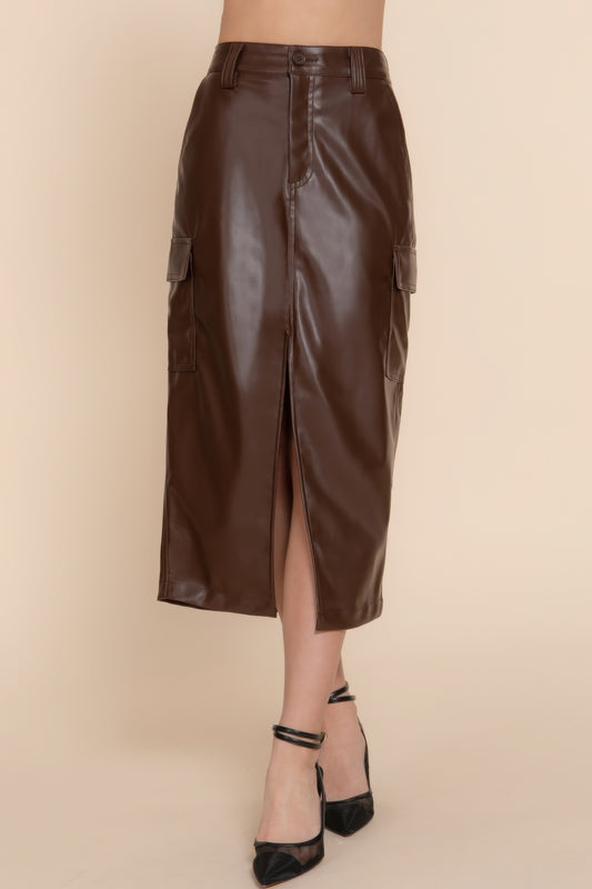 Faux Leather Midi Cargo Skirt JoySkyBoutique