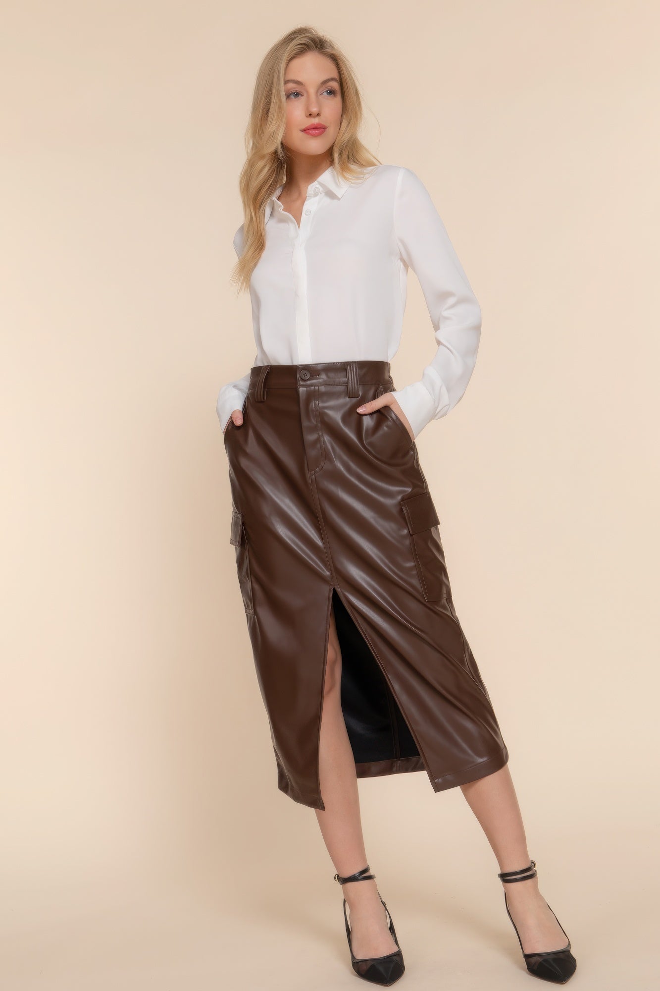 Faux Leather Midi Cargo Skirt JoySkyBoutique