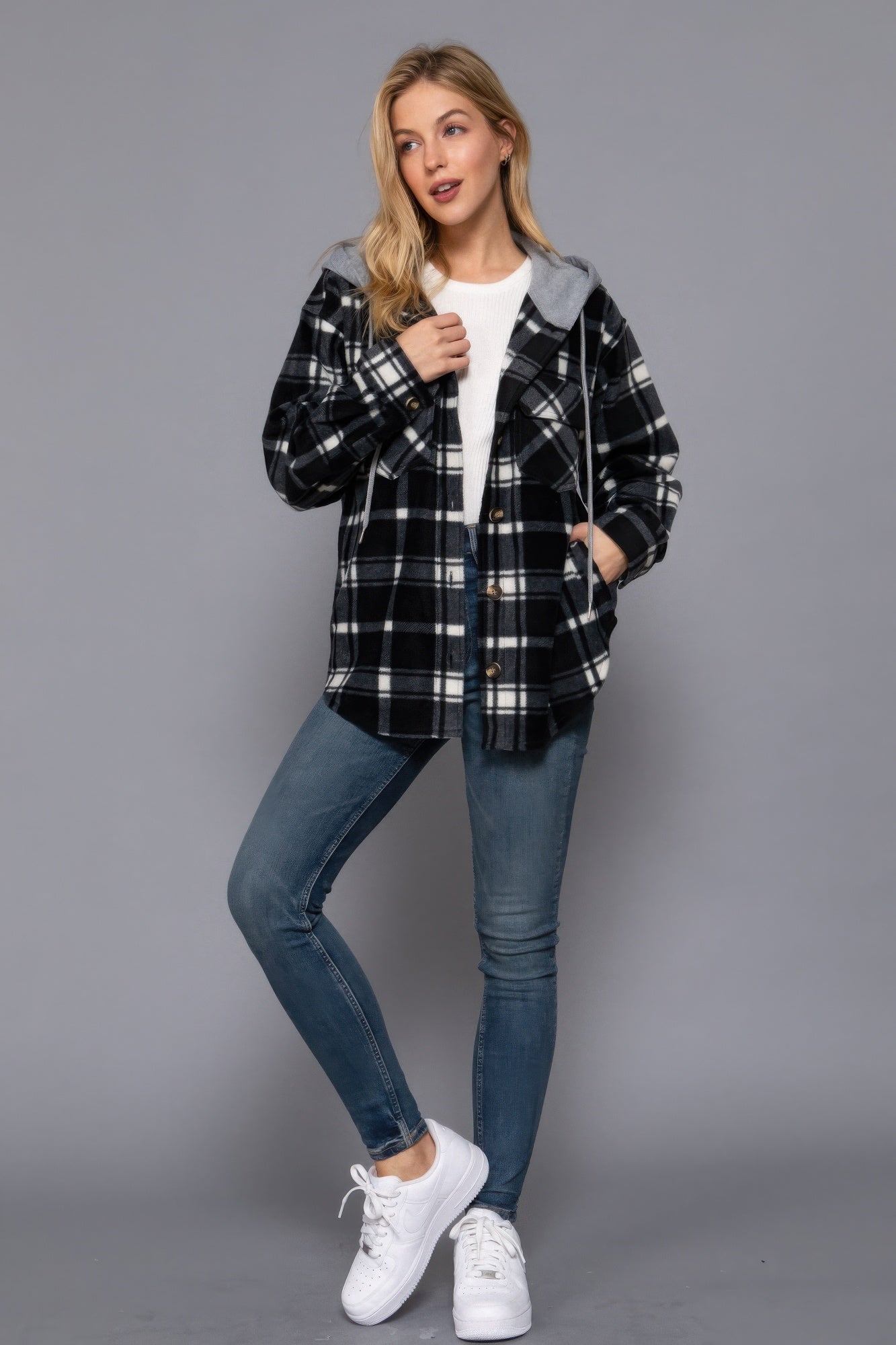 Plaid Print Hoodie Fleece Jacket JoySkyBoutique