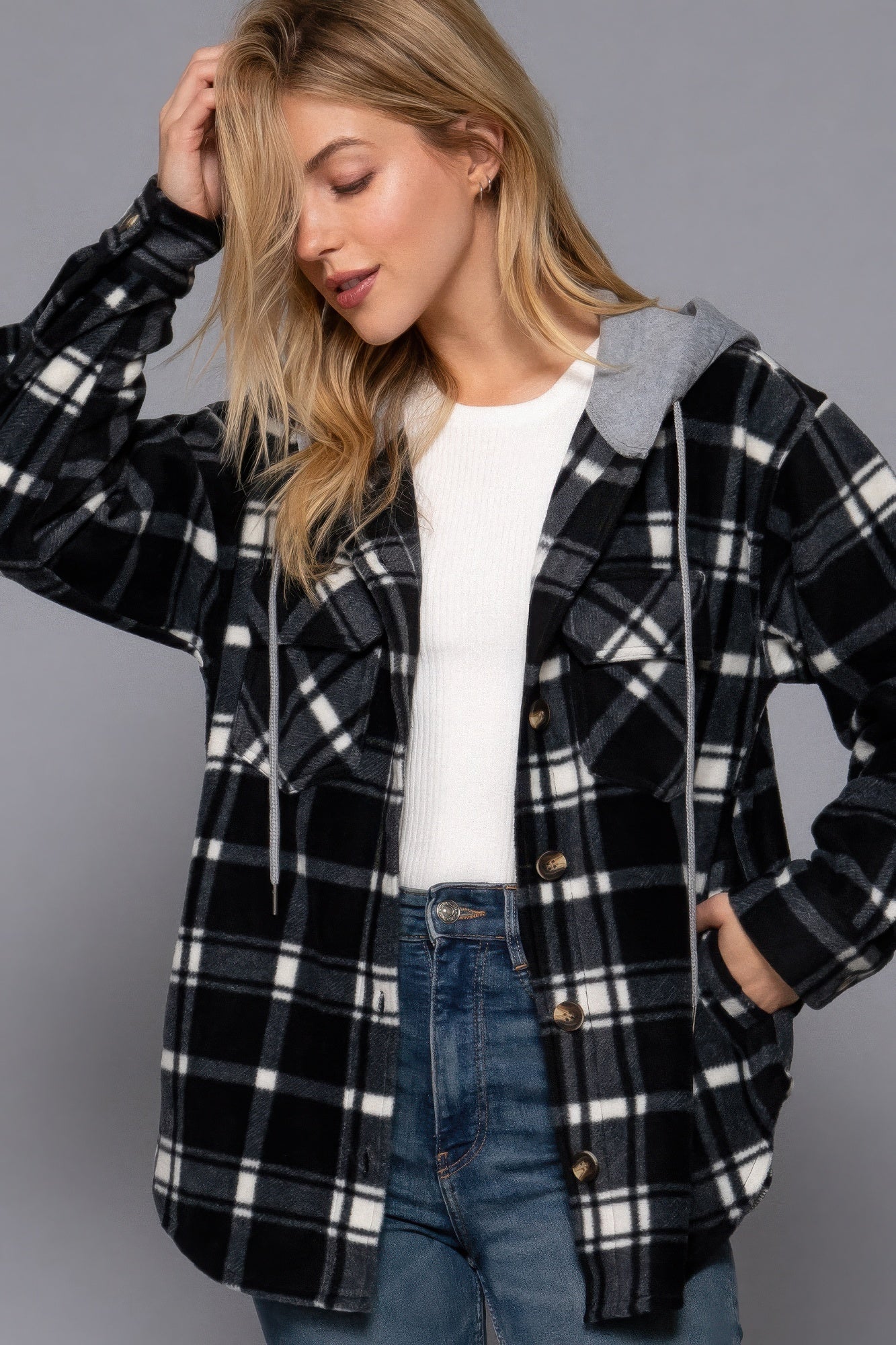 Plaid Print Hoodie Fleece Jacket JoySkyBoutique