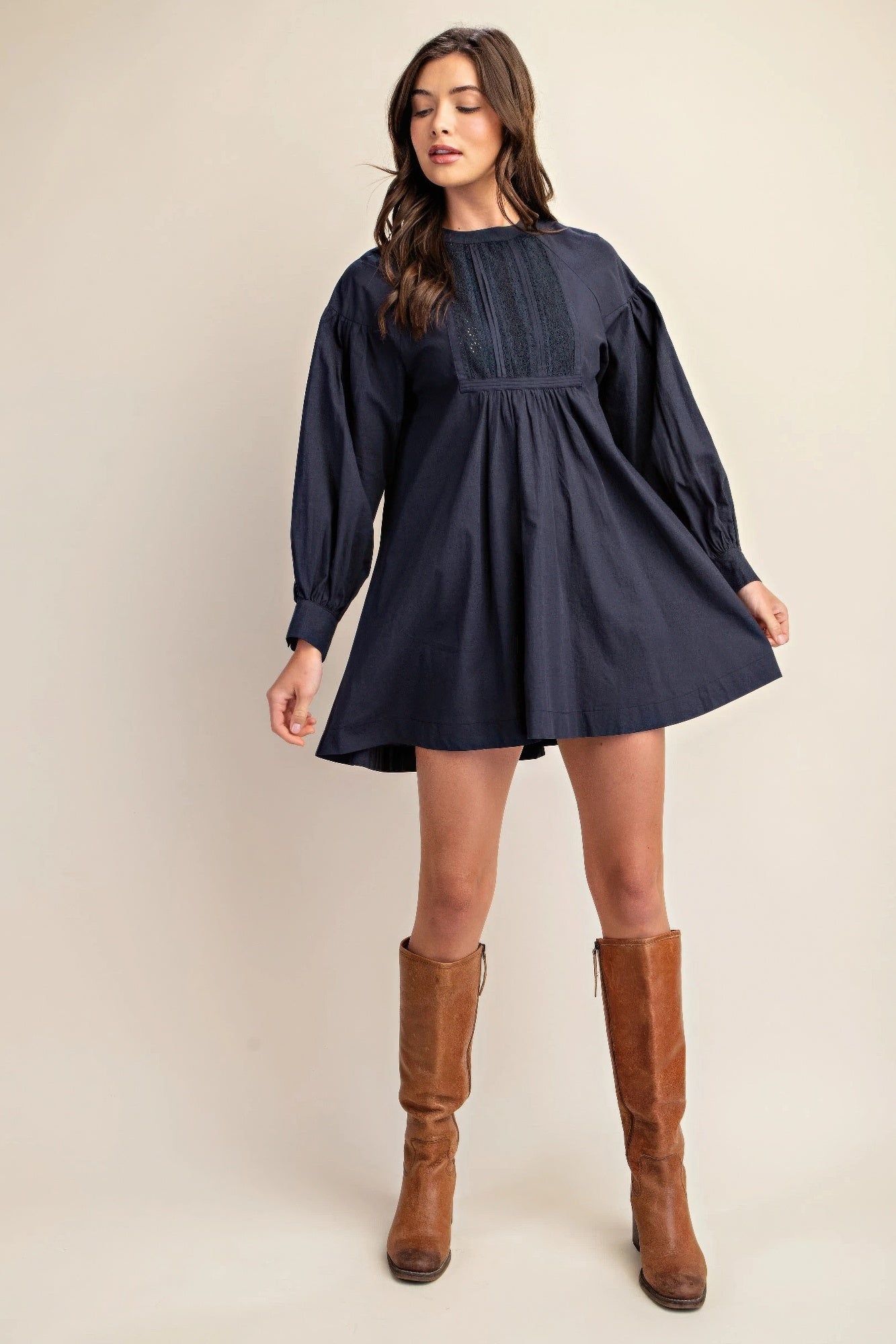 Long sleeve mini dress with lace detail JoySkyBoutique