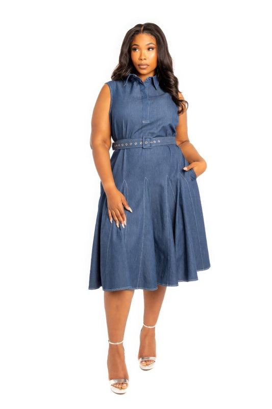 Contrast stitch washed denim shirt dress with belt JoySkyBoutique