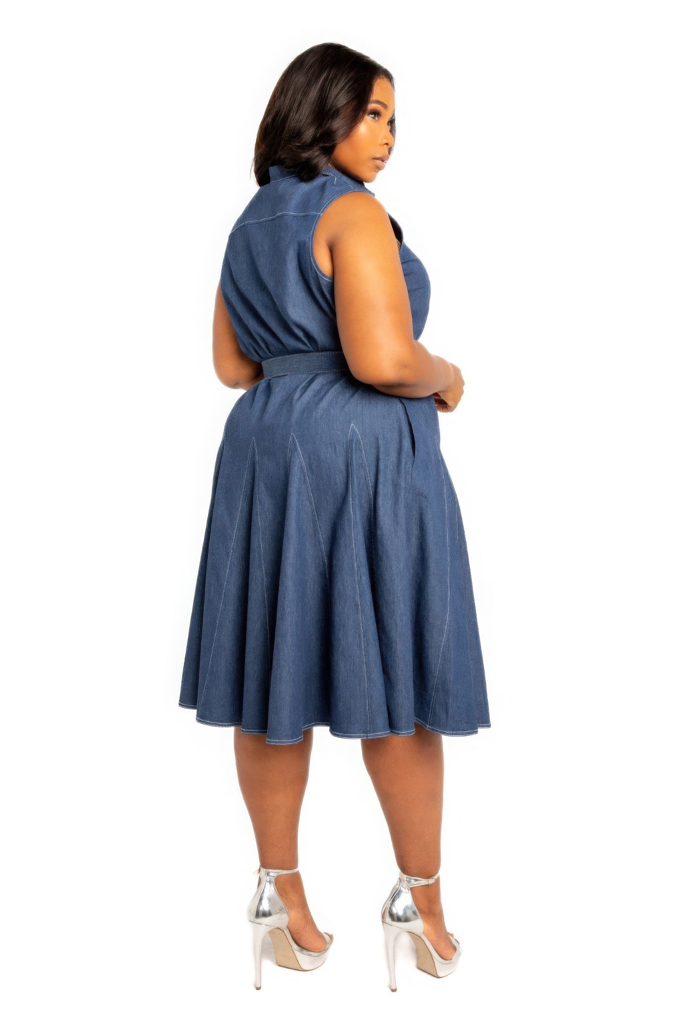 Contrast stitch washed denim shirt dress with belt JoySkyBoutique
