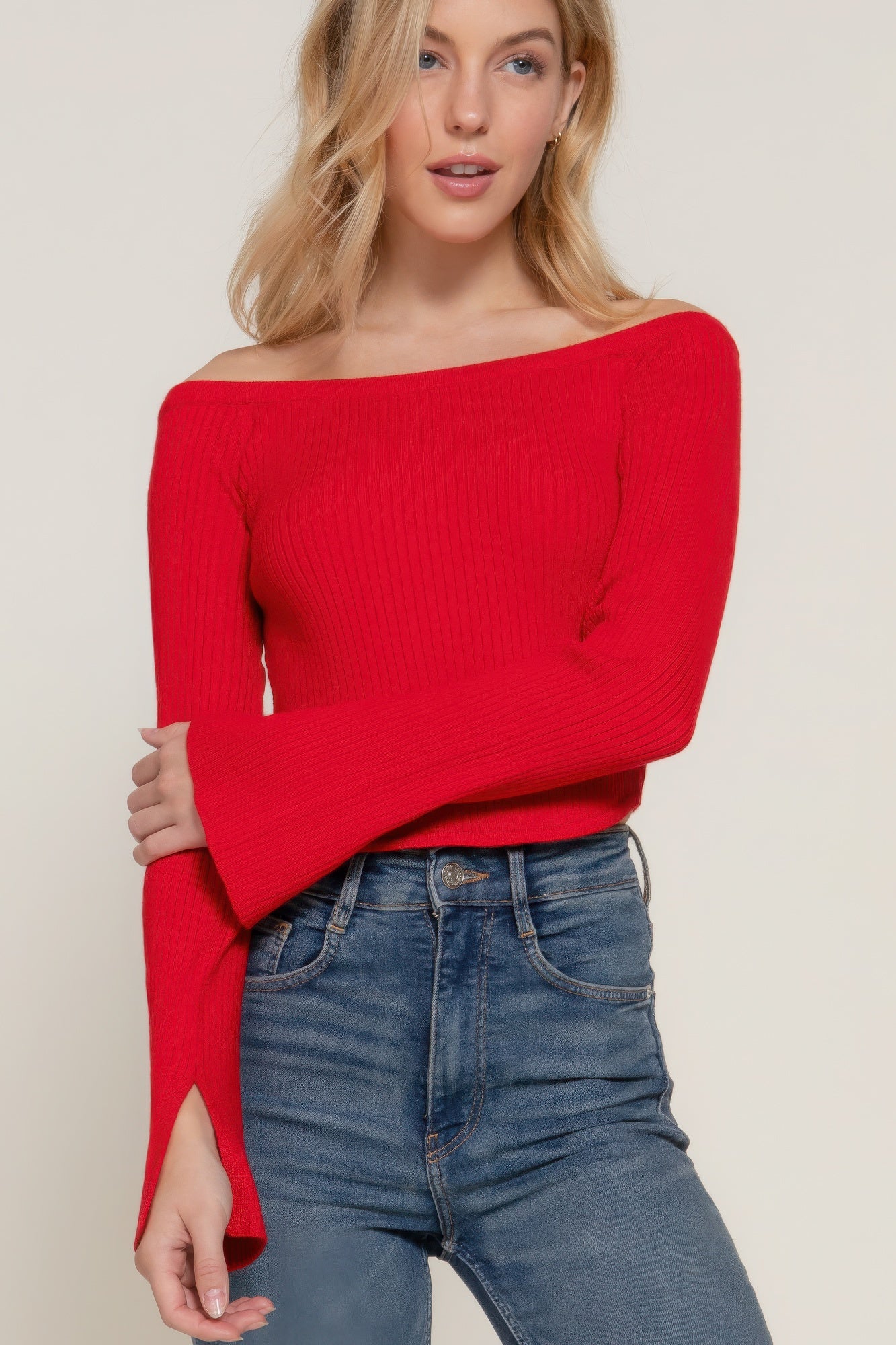 Long flare slv off shoulder sweater JoySkyBoutique