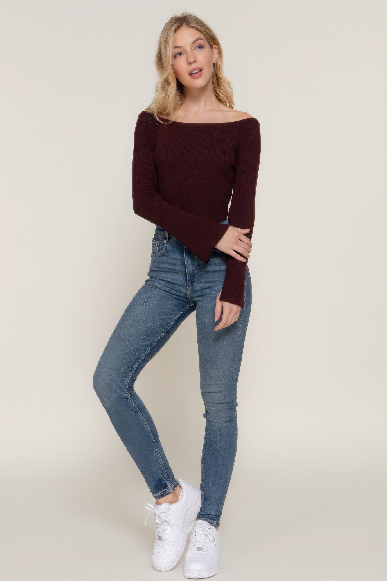 Long flare slv off shoulder sweater JoySkyBoutique