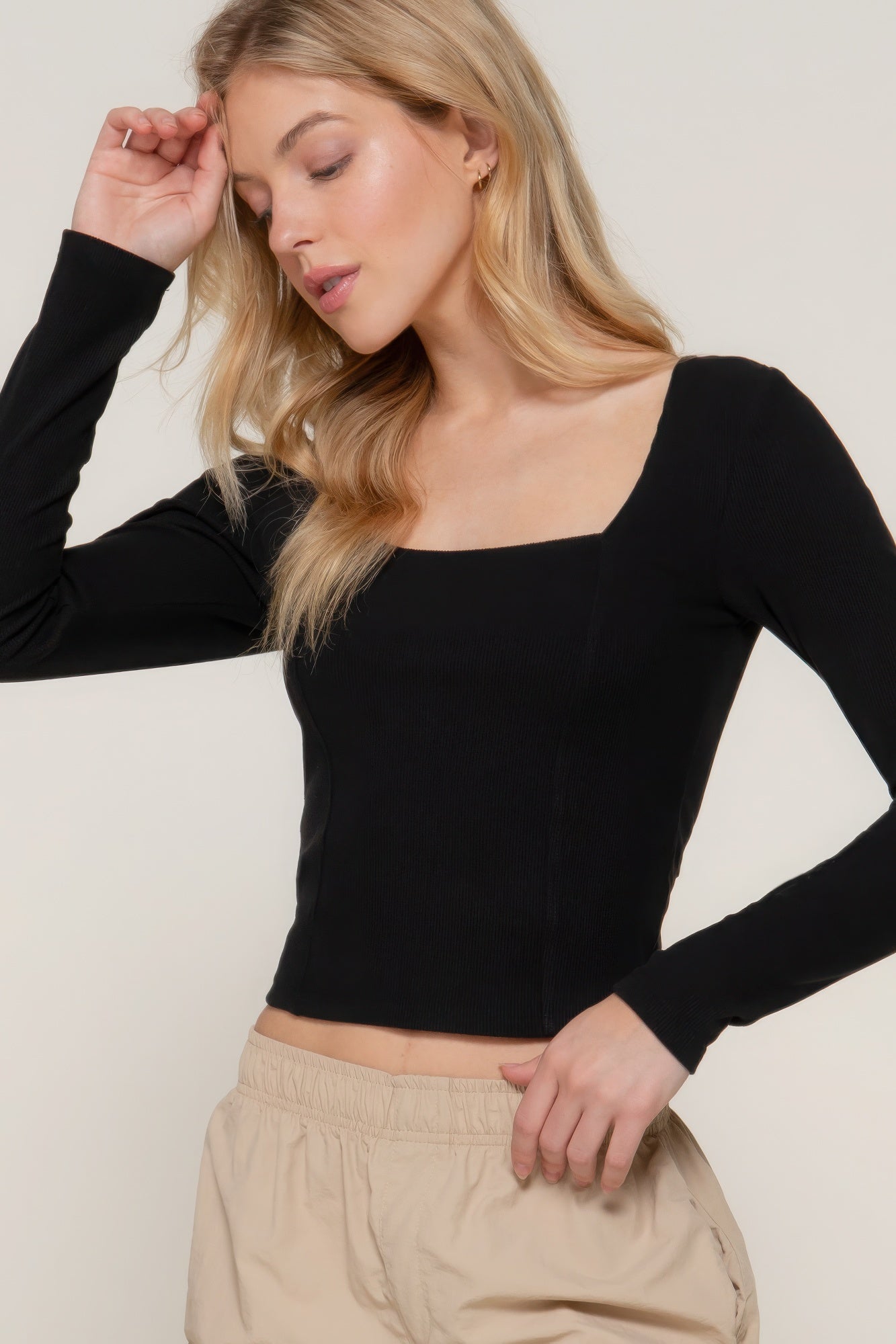 Long slv sweetheart neck seam detail knit top JoySkyBoutique