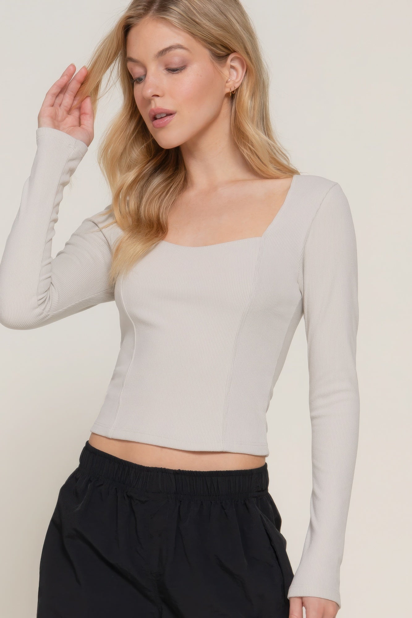 Long slv sweetheart neck seam detail knit top JoySkyBoutique