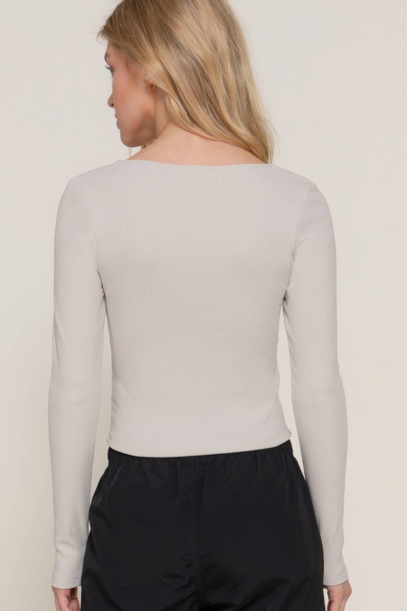 Long slv sweetheart neck seam detail knit top JoySkyBoutique