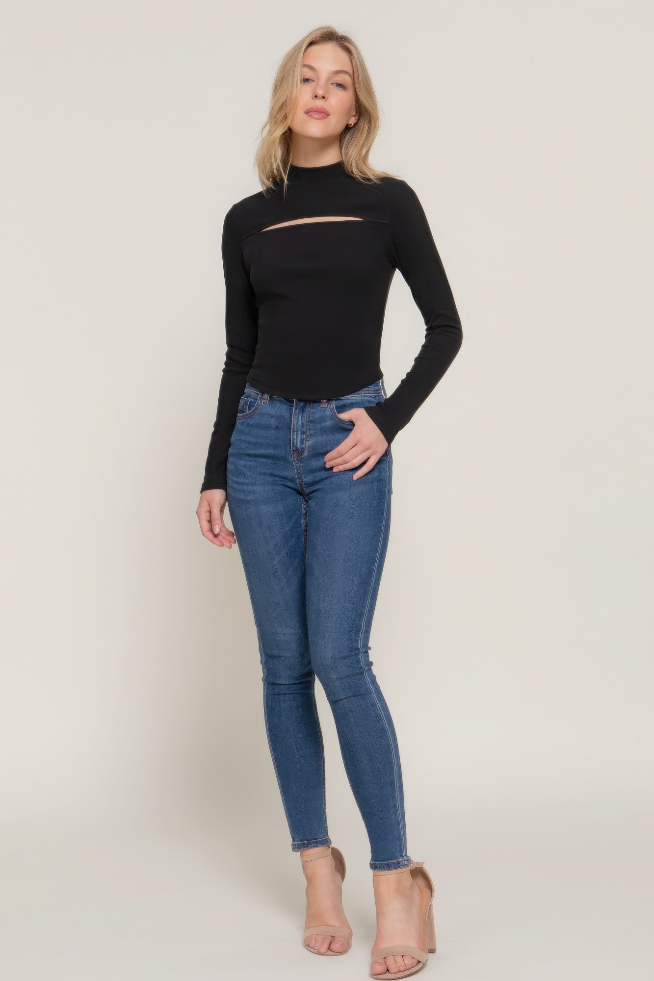 Long slv mock neck kyehole rib knit top JoySkyBoutique