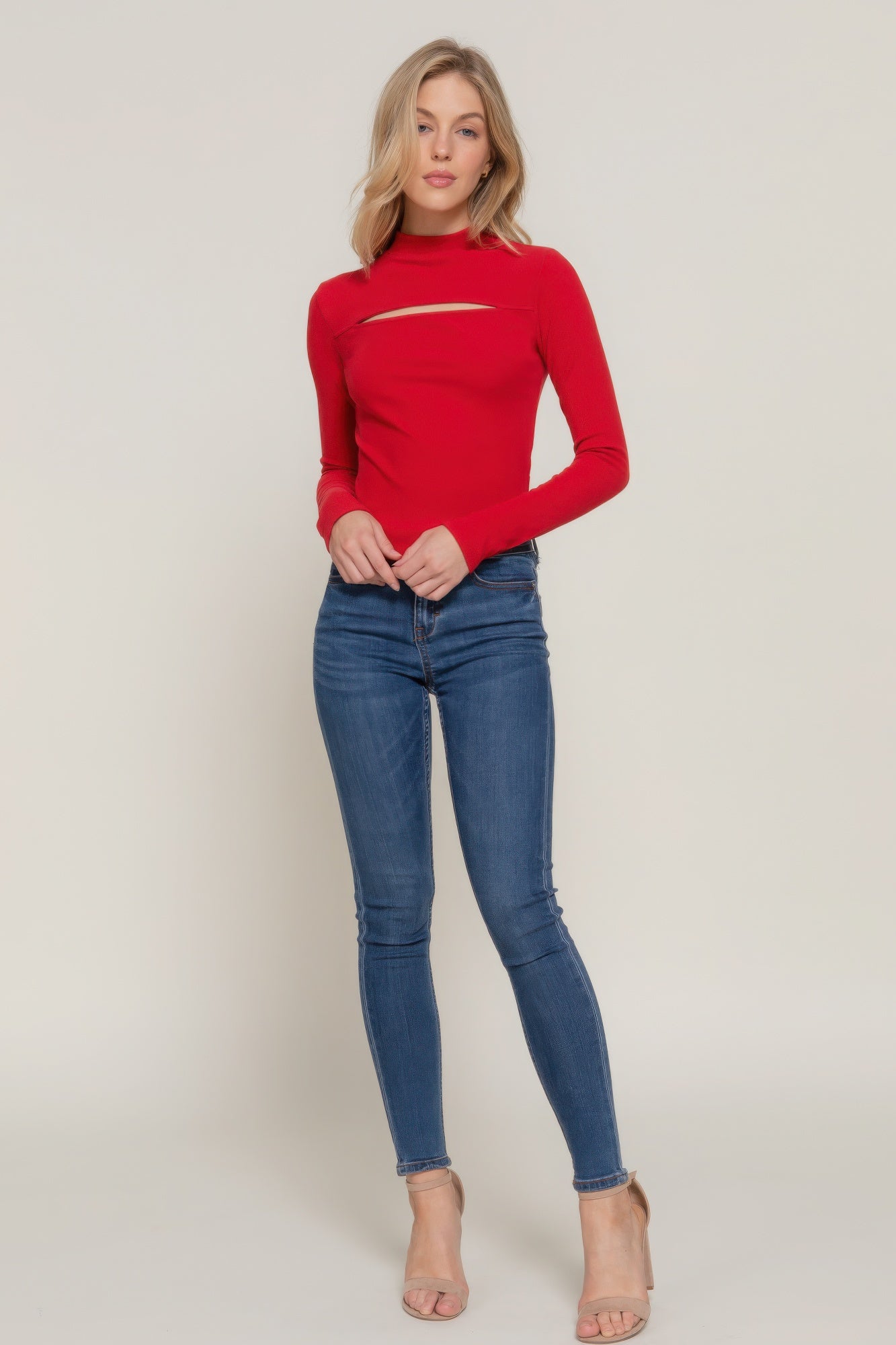 Long slv mock neck kyehole rib knit top JoySkyBoutique