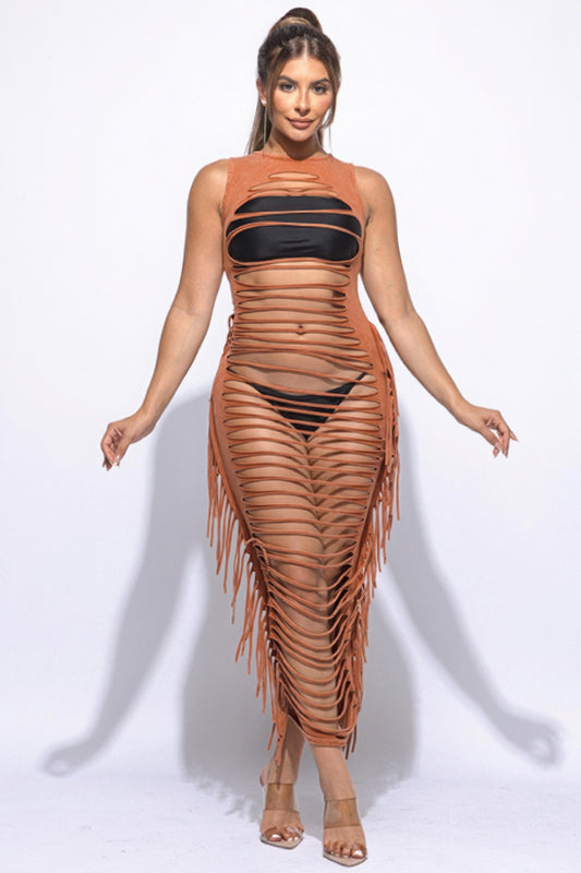 Fringe Cut Out Maxi Dress JoySkyBoutique