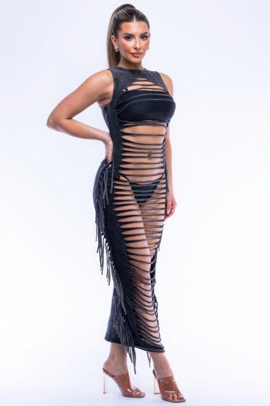 Fringe Cut Out Maxi Dress JoySkyBoutique