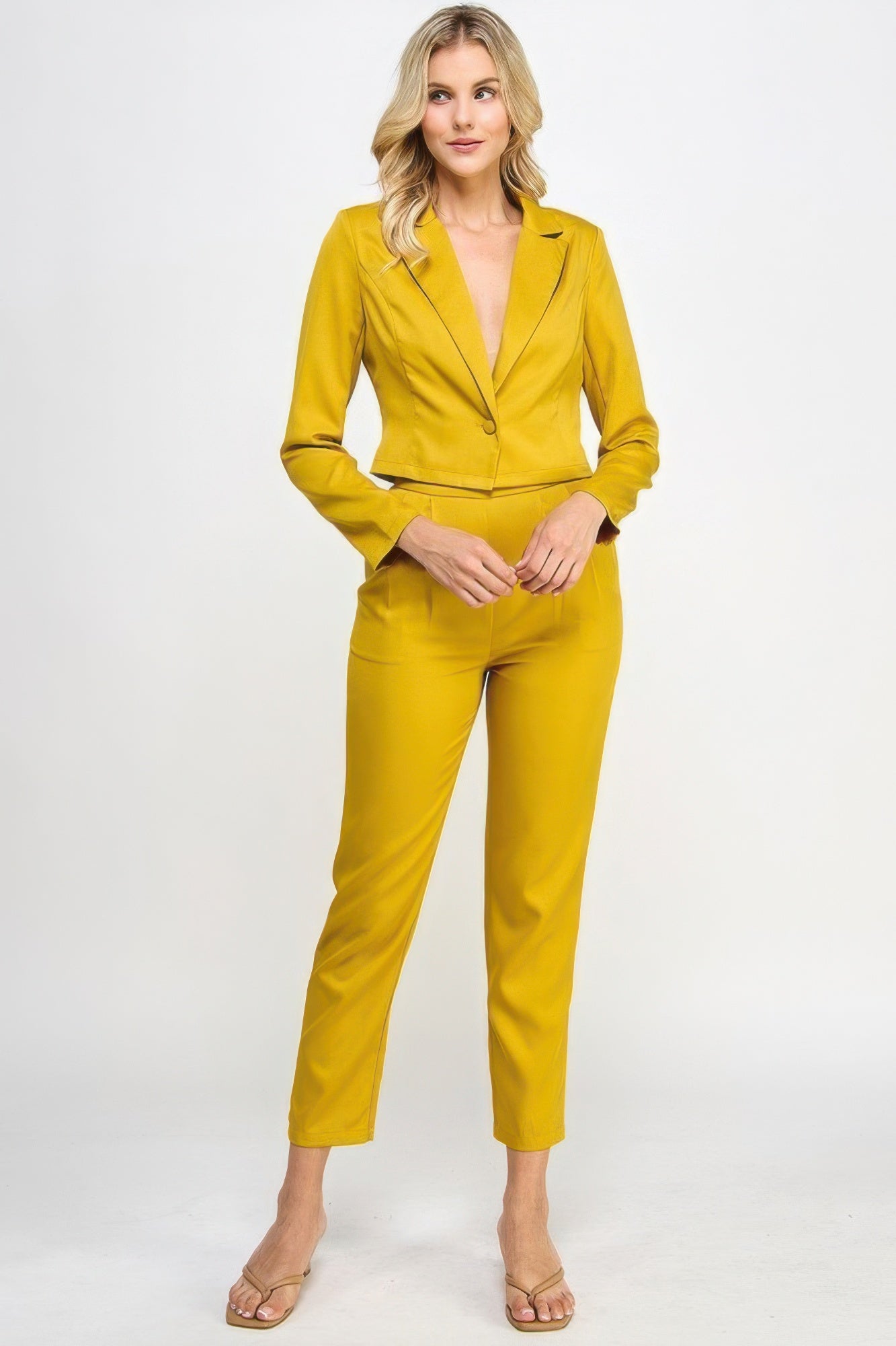 Single Button Crop Blazer With Tailored Pants Set JoySkyBoutique