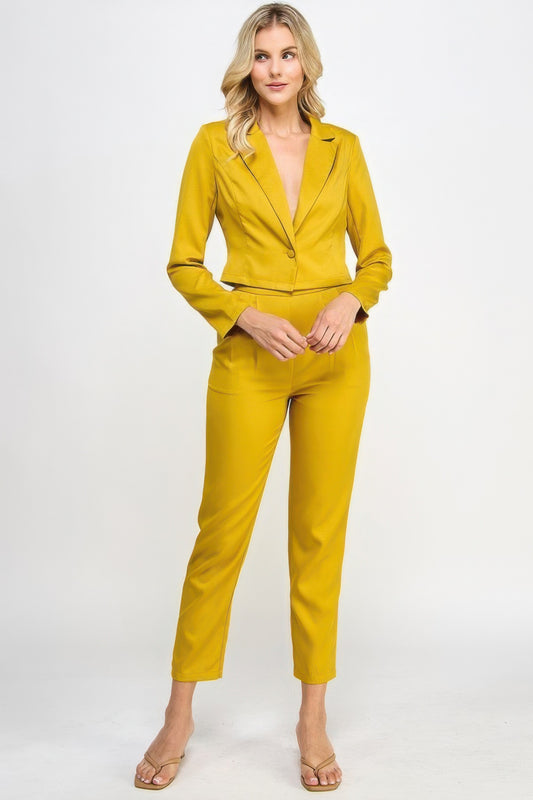 Single Button Crop Blazer With Tailored Pants Set JoySkyBoutique