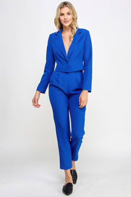 Single Button Crop Blazer With Tailored Pants Set JoySkyBoutique
