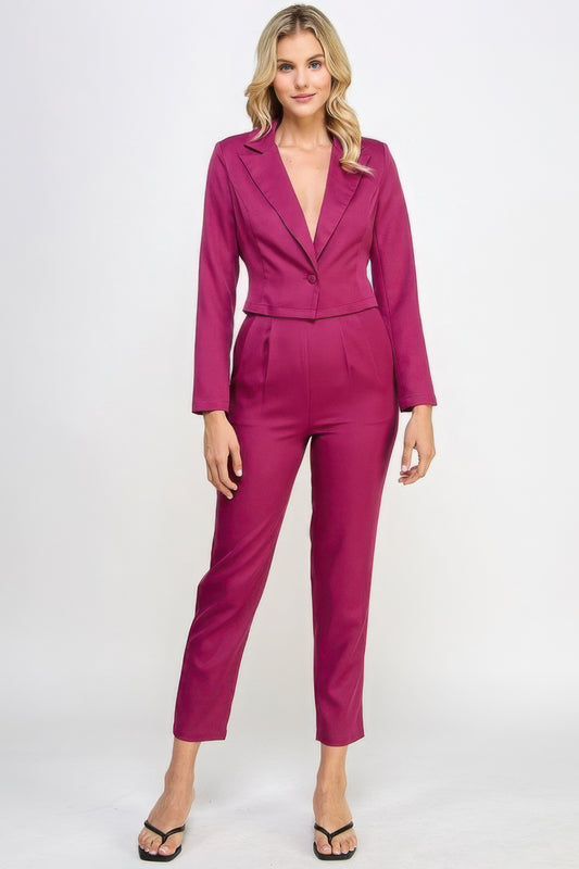 Single Button Crop Blazer With Tailored Pants Set JoySkyBoutique