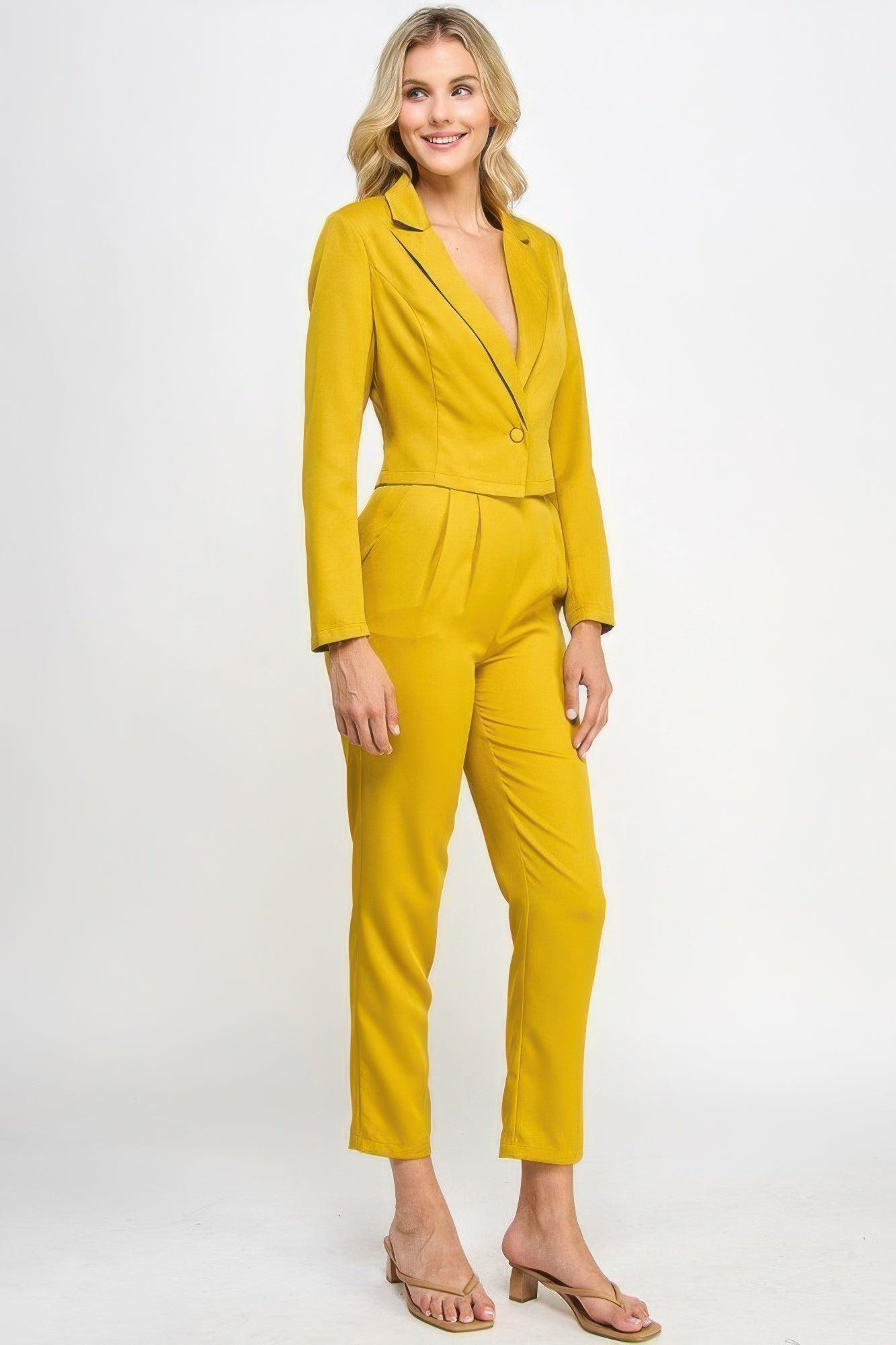 Single Button Crop Blazer With Tailored Pants Set JoySkyBoutique