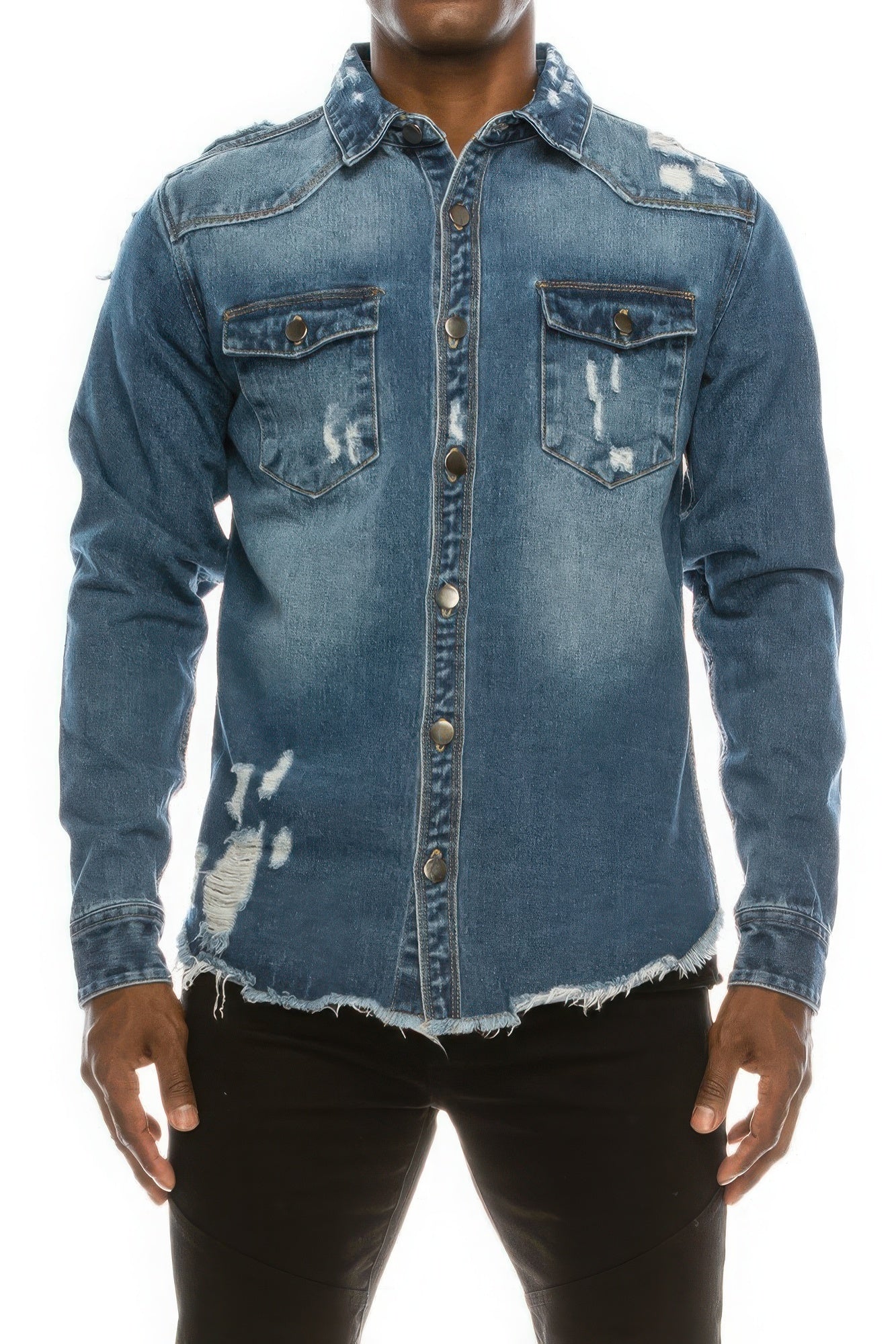 Men's Ripped Denim Overshirt JoySkyBoutique