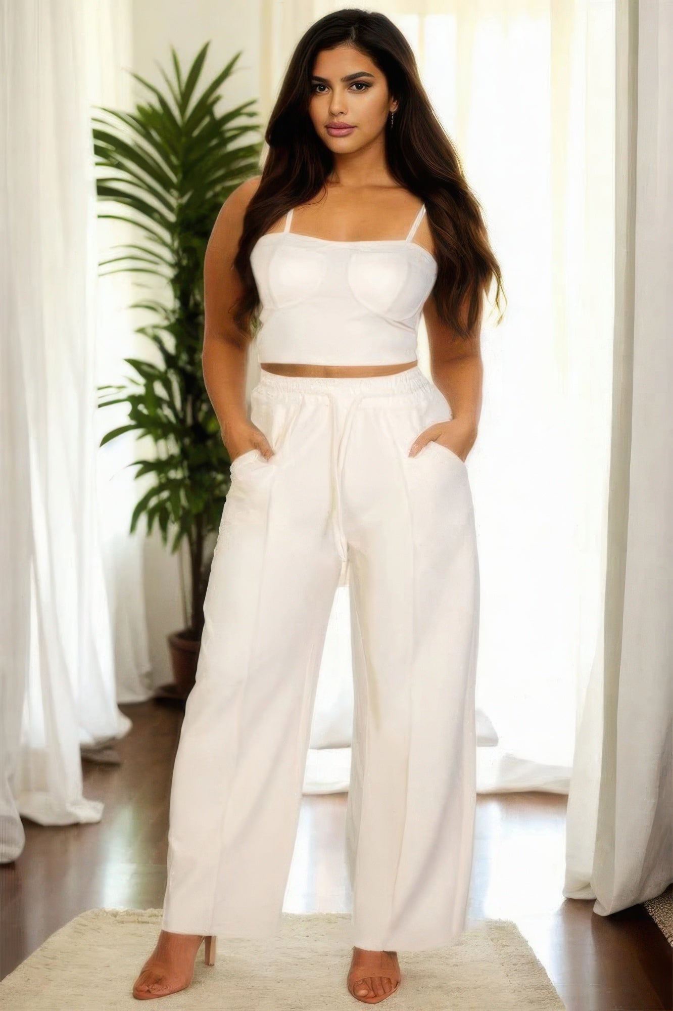 Plus Bustier Crop Cami Top & Slant Pocket Straight Pants JoySkyBoutique