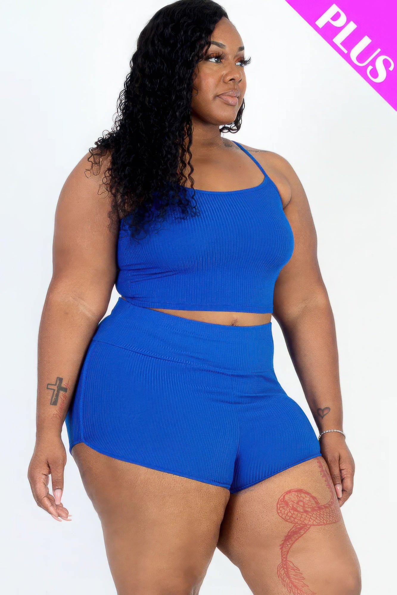 Plus Size Ribbed Cami Crop Top & Ruched Shorts Set JoySkyBoutique