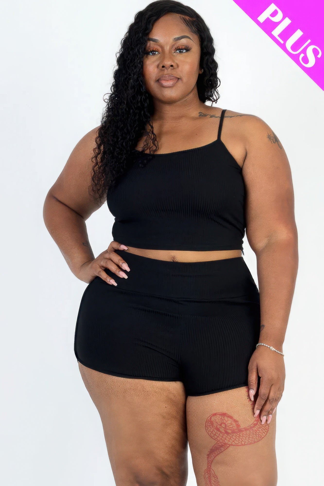 Plus Size Ribbed Cami Crop Top & Ruched Shorts Set JoySkyBoutique