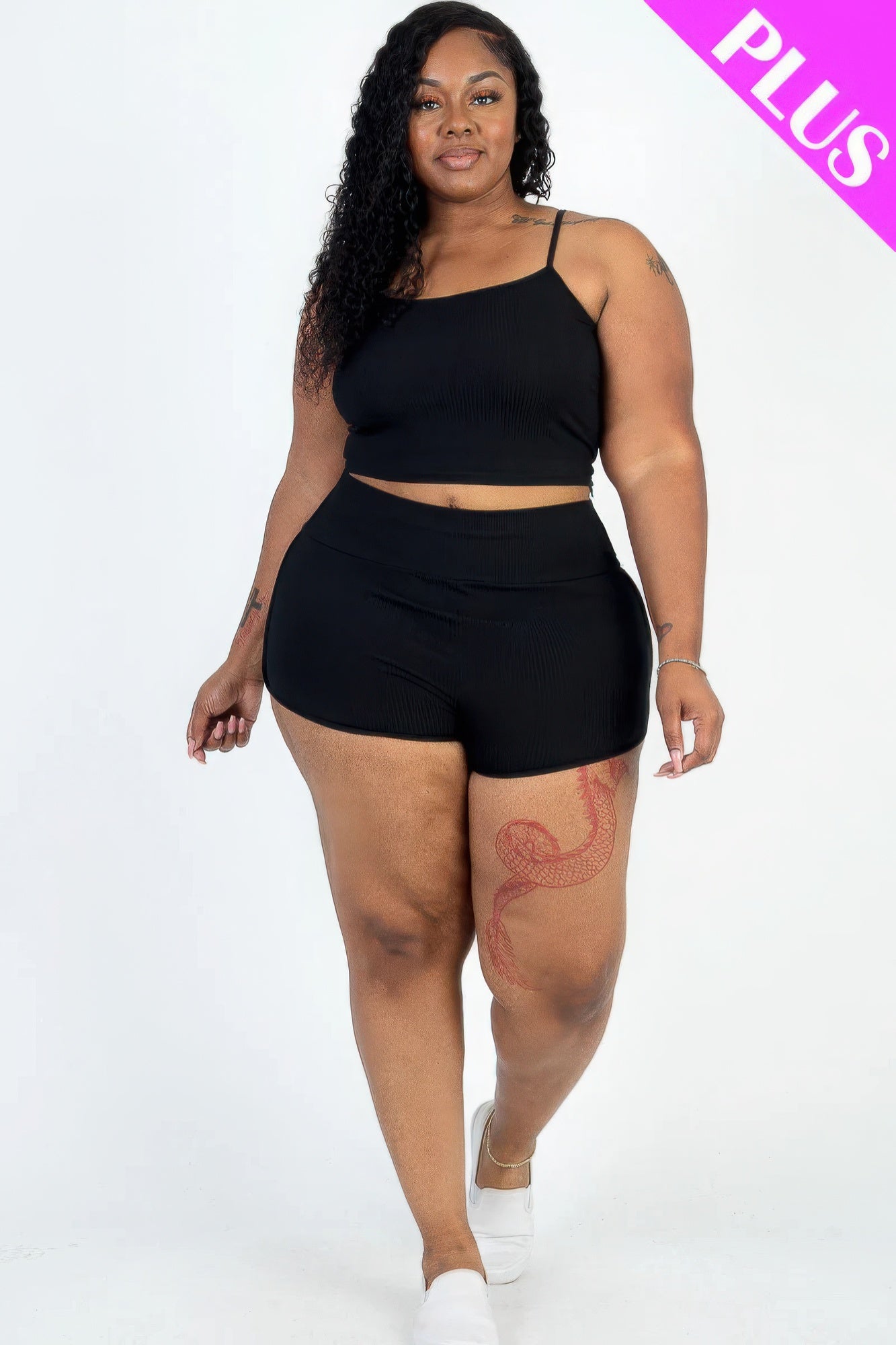Plus Size Ribbed Cami Crop Top & Ruched Shorts Set JoySkyBoutique