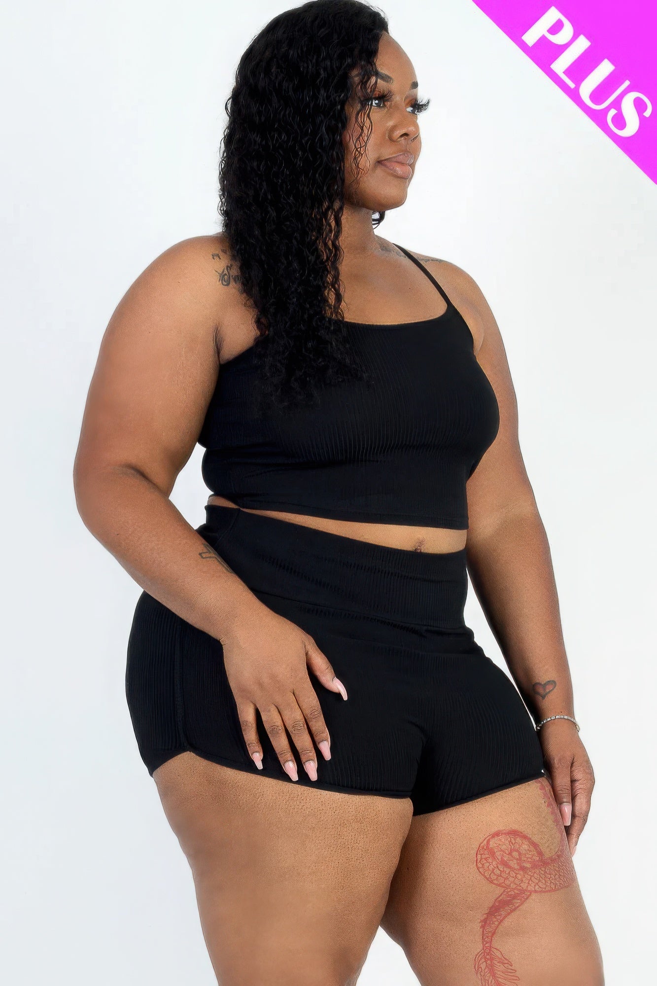 Plus Size Ribbed Cami Crop Top & Ruched Shorts Set JoySkyBoutique