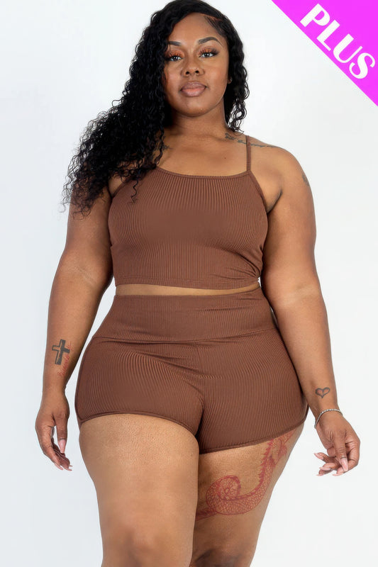 Plus Size Ribbed Cami Crop Top & Ruched Shorts Set JoySkyBoutique