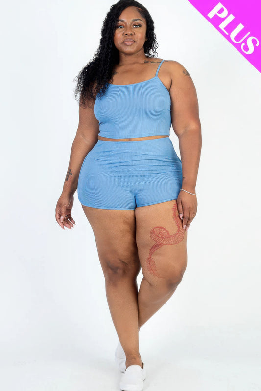 Plus Size Ribbed Cami Crop Top & Ruched Shorts Set JoySkyBoutique