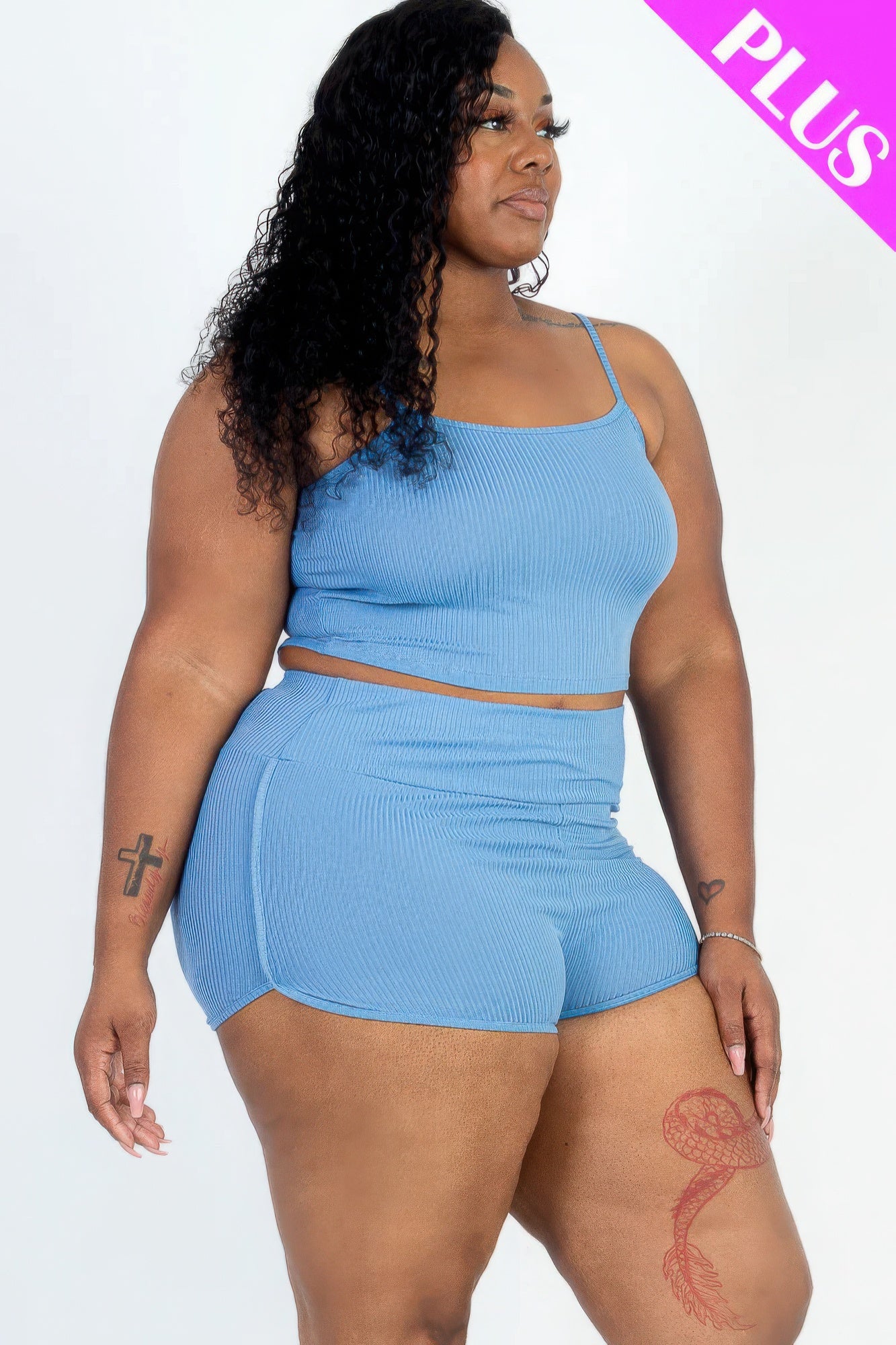 Plus Size Ribbed Cami Crop Top & Ruched Shorts Set JoySkyBoutique