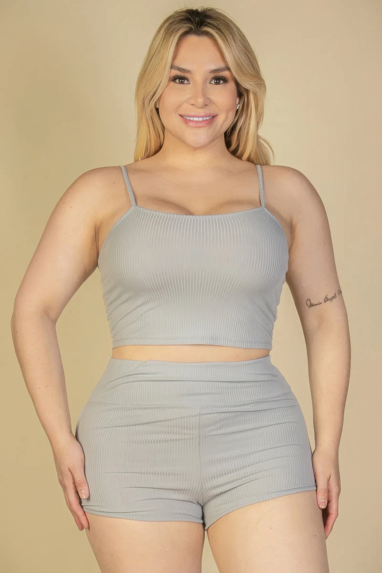 Plus Size Ribbed Cami Crop Top & Ruched Shorts Set JoySkyBoutique