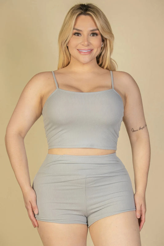 Plus Size Ribbed Cami Crop Top & Ruched Shorts Set JoySkyBoutique