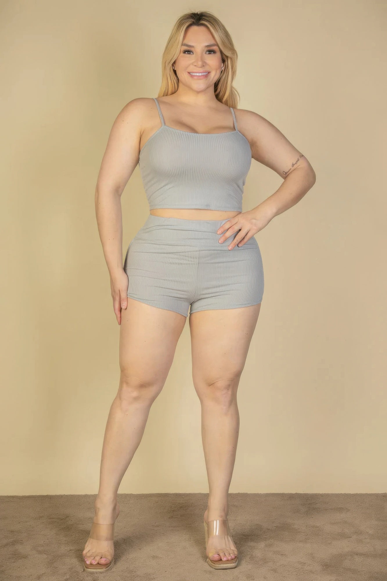 Plus Size Ribbed Cami Crop Top & Ruched Shorts Set JoySkyBoutique