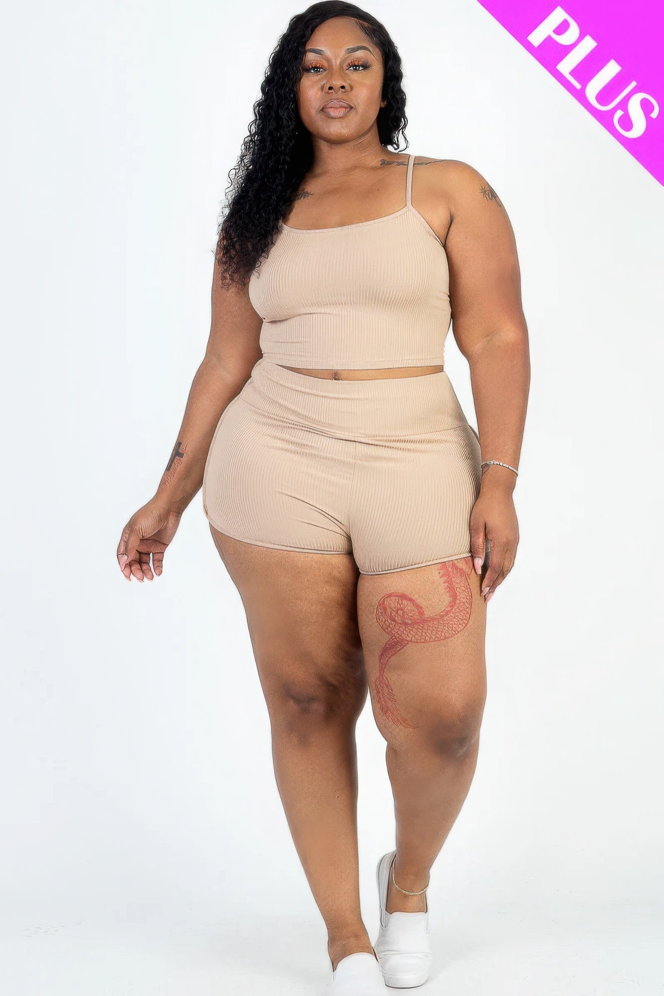 Plus Size Ribbed Cami Crop Top & Ruched Shorts Set JoySkyBoutique