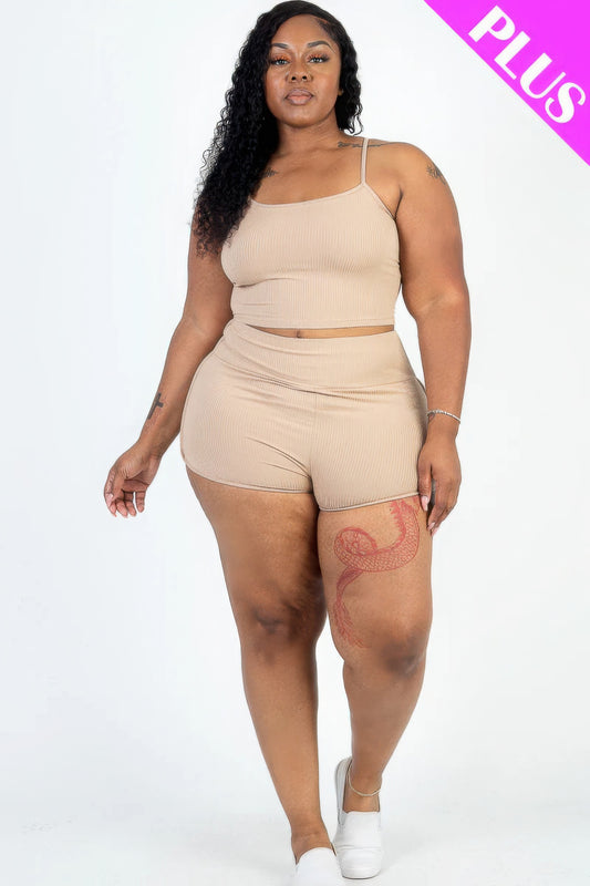 Plus Size Ribbed Cami Crop Top & Ruched Shorts Set JoySkyBoutique