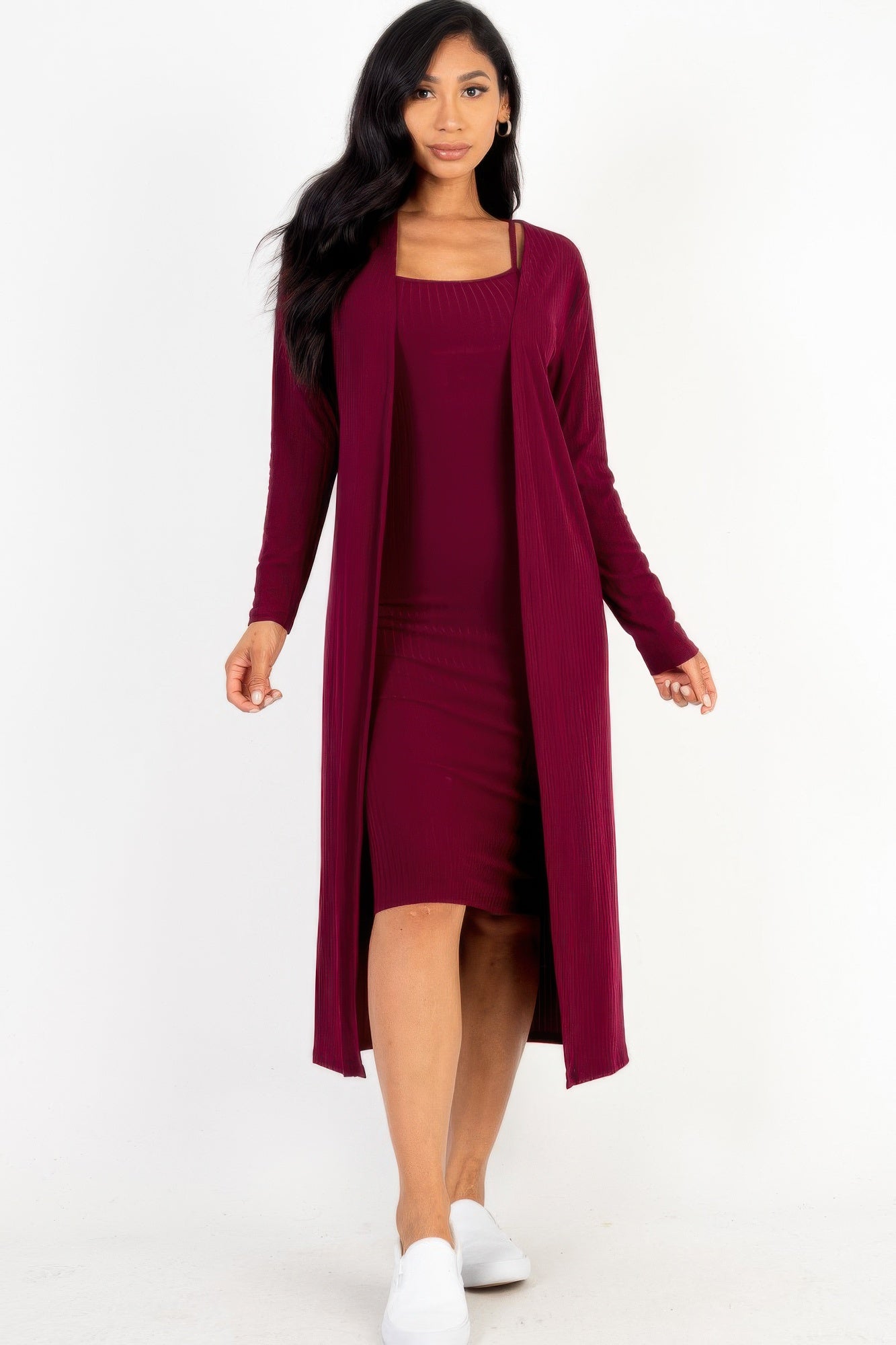 Ribbed Cardigan & Cami Midi Bodycon Dress JoySkyBoutique