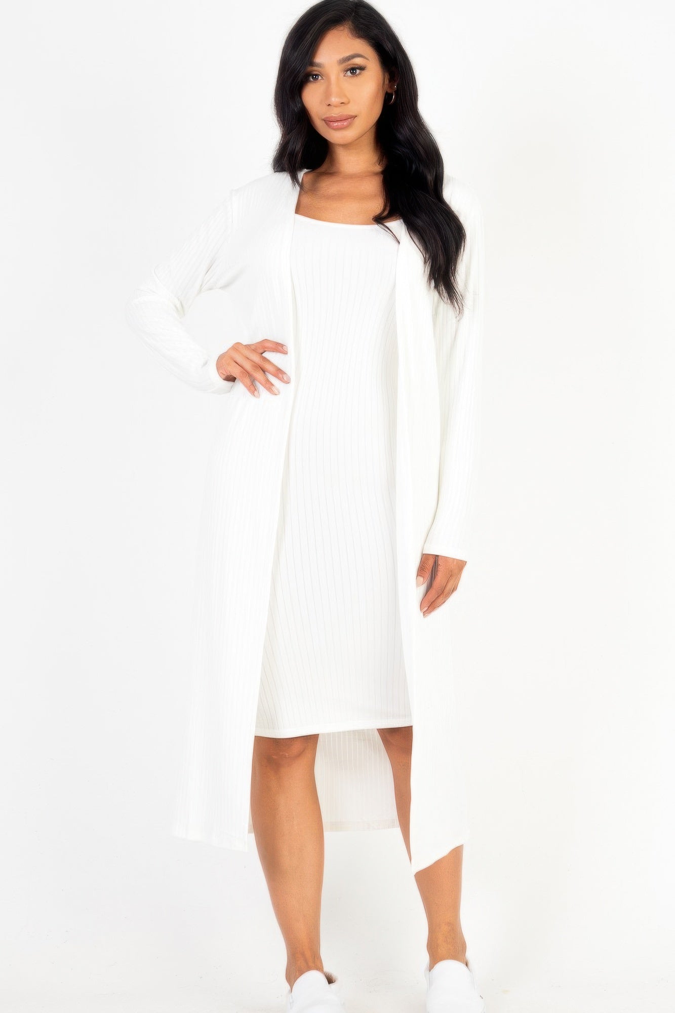 Ribbed Cardigan & Cami Midi Bodycon Dress JoySkyBoutique