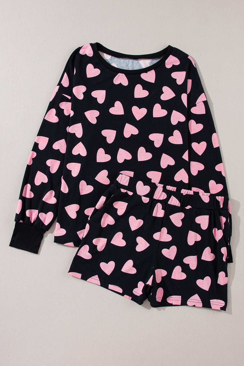 Heart Print Long Sleeve Top and Shorts Lounge Set Trendsi